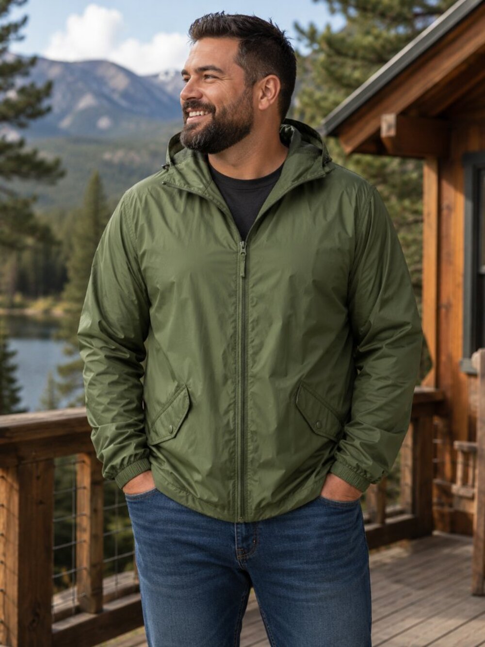 Athletech Men’s 2X Olive Green Full-Zip Hooded Windbreaker Rain Jacket